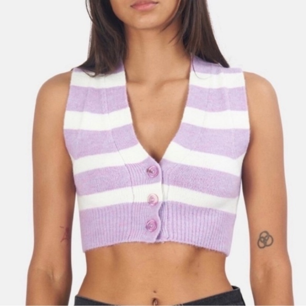 For Love & Lemons Maud Purple Sweater Vest Cropped Fuzzy Striped NWT MSRP $95